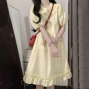 奶黄色娃娃领连衣裙夏季女大童初中学生学院风可爱泡泡袖收腰裙子