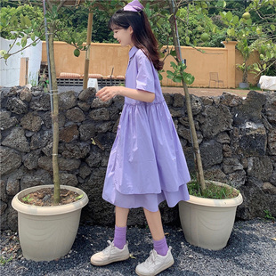 女大童紫色裙子夏装12初中学生13不规则15岁法式森系16少女连衣裙