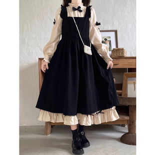 女大童法式蝴蝶结连衣裙秋冬季初中学生日系泡泡袖背带假两件裙子