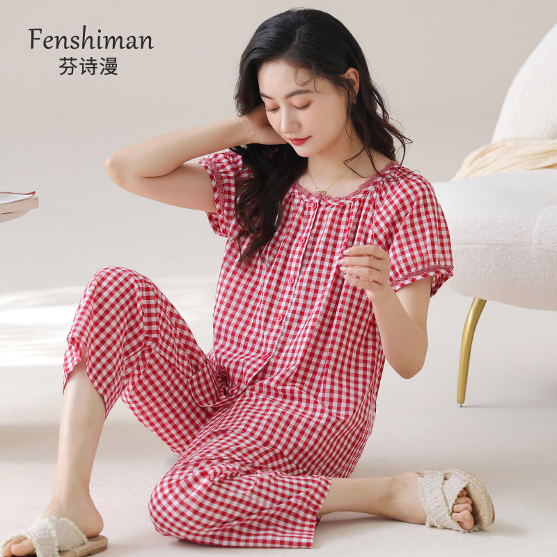 梭织棉纱布睡衣女夏季纯棉短袖八分裤薄款全棉夏款红色格子家居服