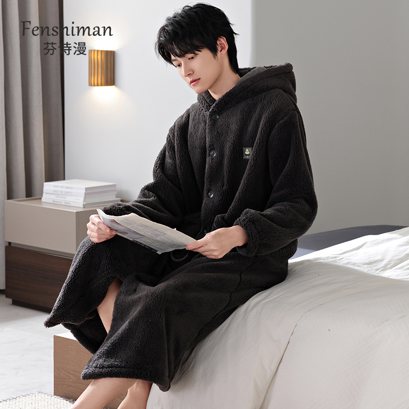 睡袍男士秋冬法兰绒家居服