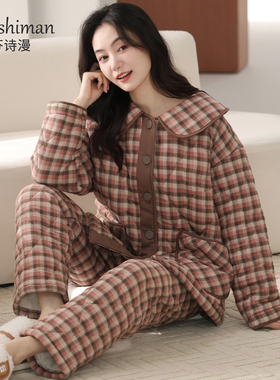 睡衣女冬季三层加厚加绒梭织纯棉夹棉妈妈秋冬款超厚珊瑚绒家居服