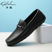 夏季 皮鞋 新品 沙驰男鞋 轻便透气休闲真皮豆豆鞋 镂空软底男士 乐福鞋
