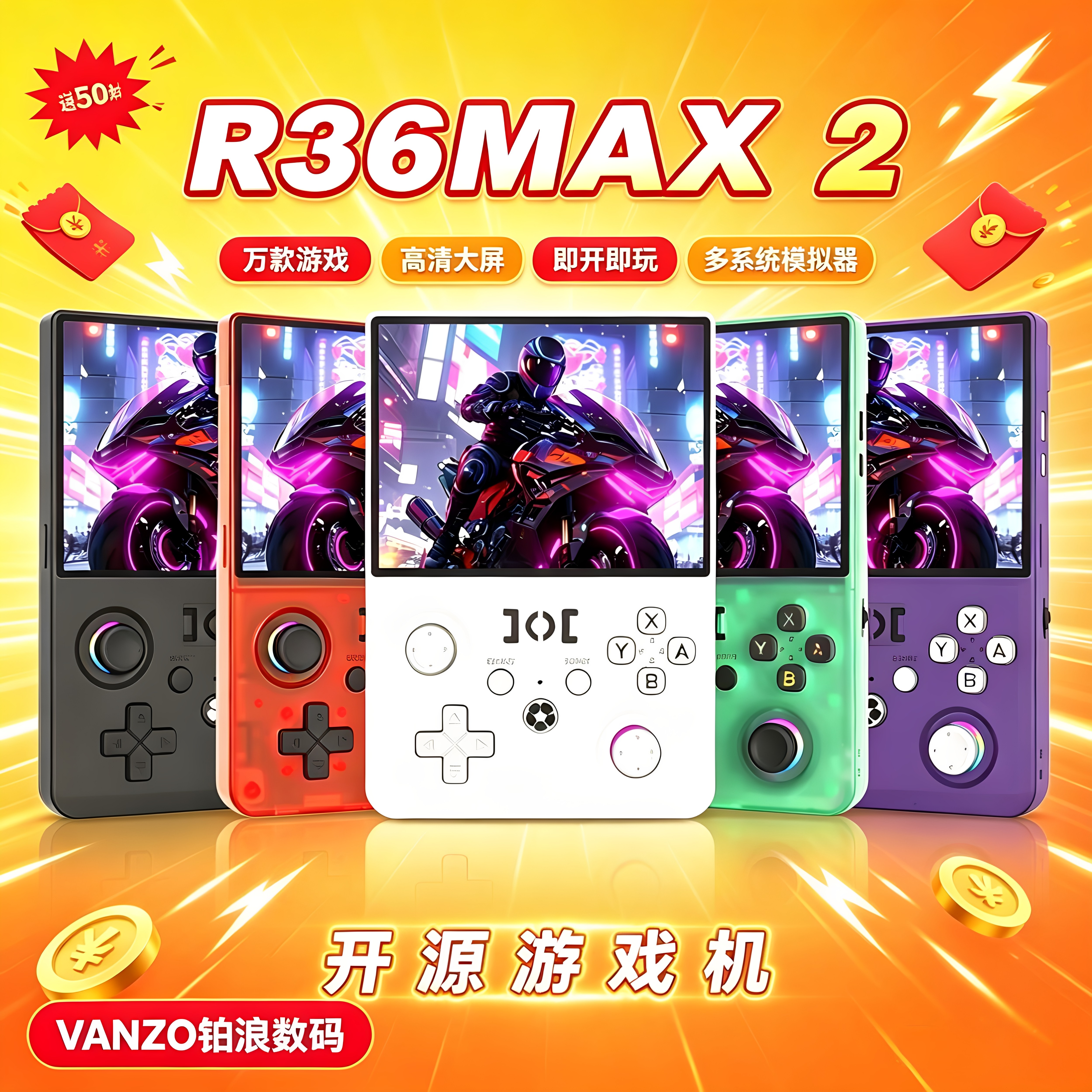 2026新款R36MAX2爆款开源掌机4.5寸大屏WIFI联机可替换摇杆震动