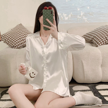 性感冰丝睡裙女男友风白衬衫衣透宽松纯欲风短裙热辣上衣新款睡衣