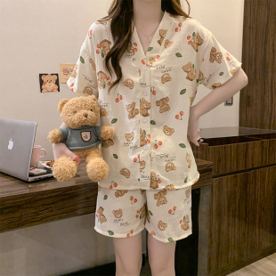 可出门 短袖 睡衣女夏季 2025新款 云朵棉卡通可爱和服家居服两件套装