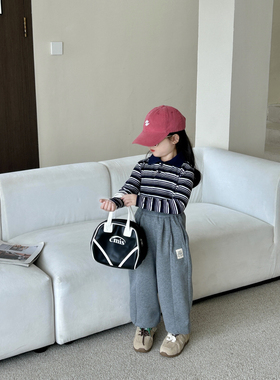 女童套装2024秋款衬衫领条纹弯道贴标卫裤+24235藏青条POLO领T