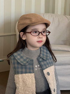 冬季女童2025新款格子拼接羊羔毛背心马甲女宝宝加绒假两件裙裤套