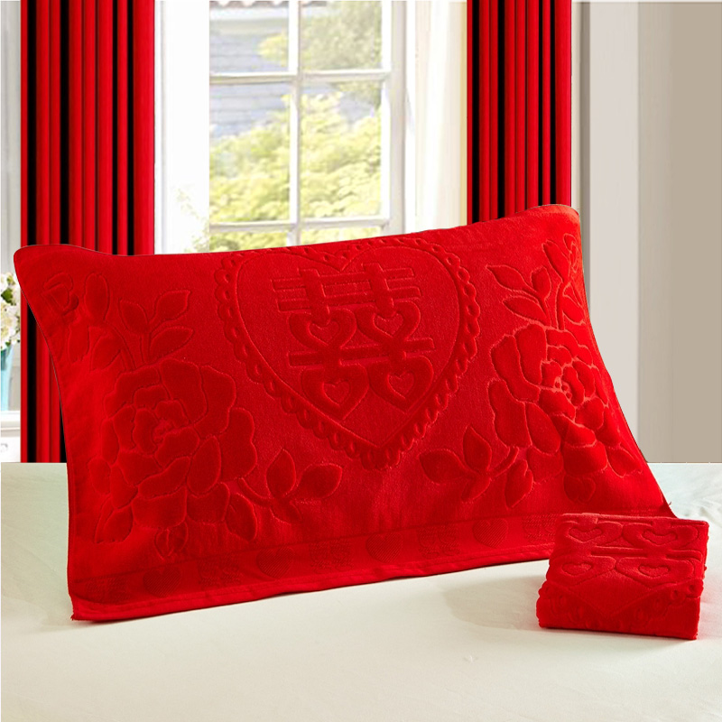 结婚婚庆枕巾纯棉一对包邮正品大红色高档成人情侣厚大不掉色/毛