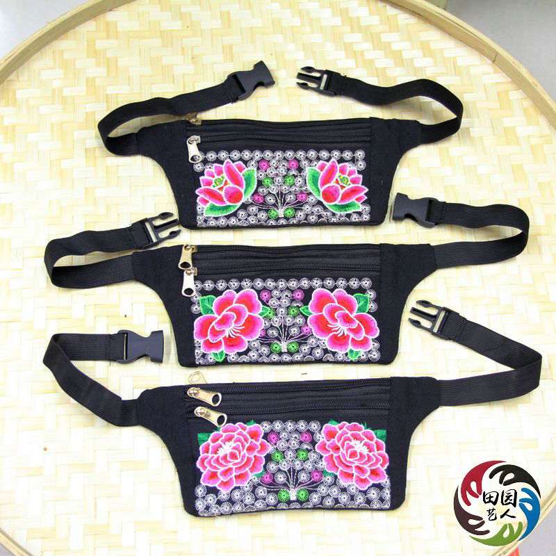 民族新款涤纶风腰包女士绣花手机包云南松紧绒布贴身钱包斜跨包
