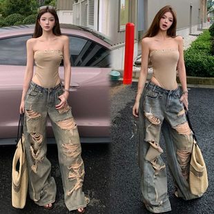 炸街辣妹套装 女2025夏新款 性感露肩抹胸上衣时髦破洞高腰牛仔长裤