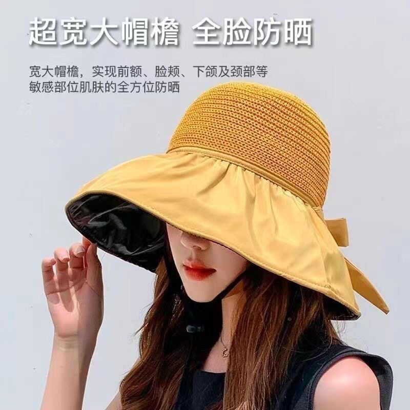 夏季防晒黑胶蝴蝶结遮阳帽女韩帽子防紫外线大檐遮脸太阳空顶帽M