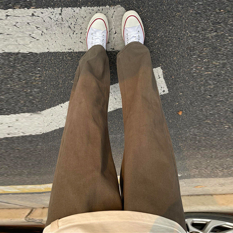 美拉德复古棕咖色牛仔裤男秋冬款美式窄版直筒微喇叭裤子弯刀休闲