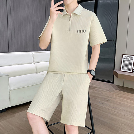 啄木鸟2026夏季新款短袖短裤两件套拉链华夫格透气凉感男士套装潮