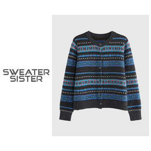 3325 蓝色圆领羊毛毛衣外套219 毛衣姐姐 超火费尔岛提花针织开衫