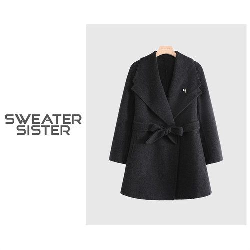 毛衣姐姐 披肩领毛呢大衣韩系系带显瘦中长款外套女5180-25080