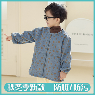 儿童罩衣宝宝男童长袖防脏灯芯绒吃饭加绒外套冬季外穿男孩围裙