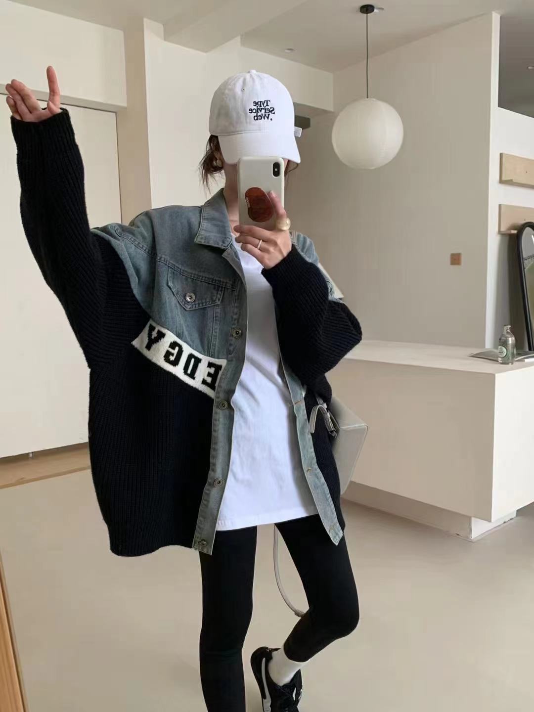 字母棒球服拼接牛仔外套女春秋