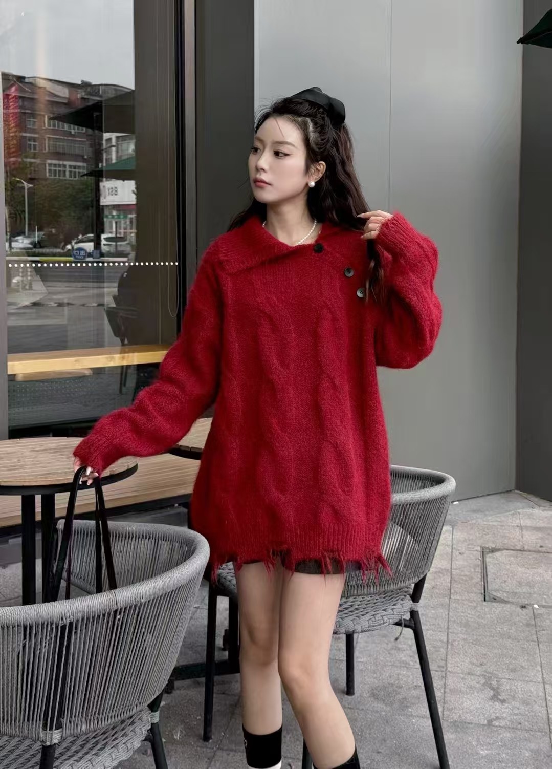 新年圣诞氛围感红色高领毛衣女