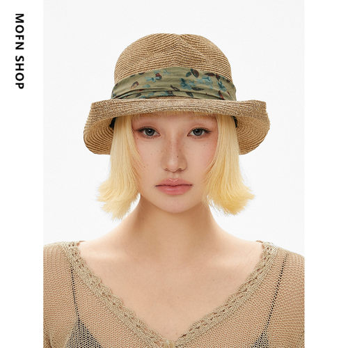 MOFN日本中古草编压皱渔夫帽