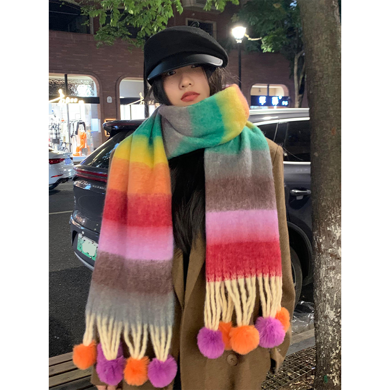 超长纤维 拉毛工艺~保暖围巾女2025新款冬季加厚毛球流苏大围脖潮
