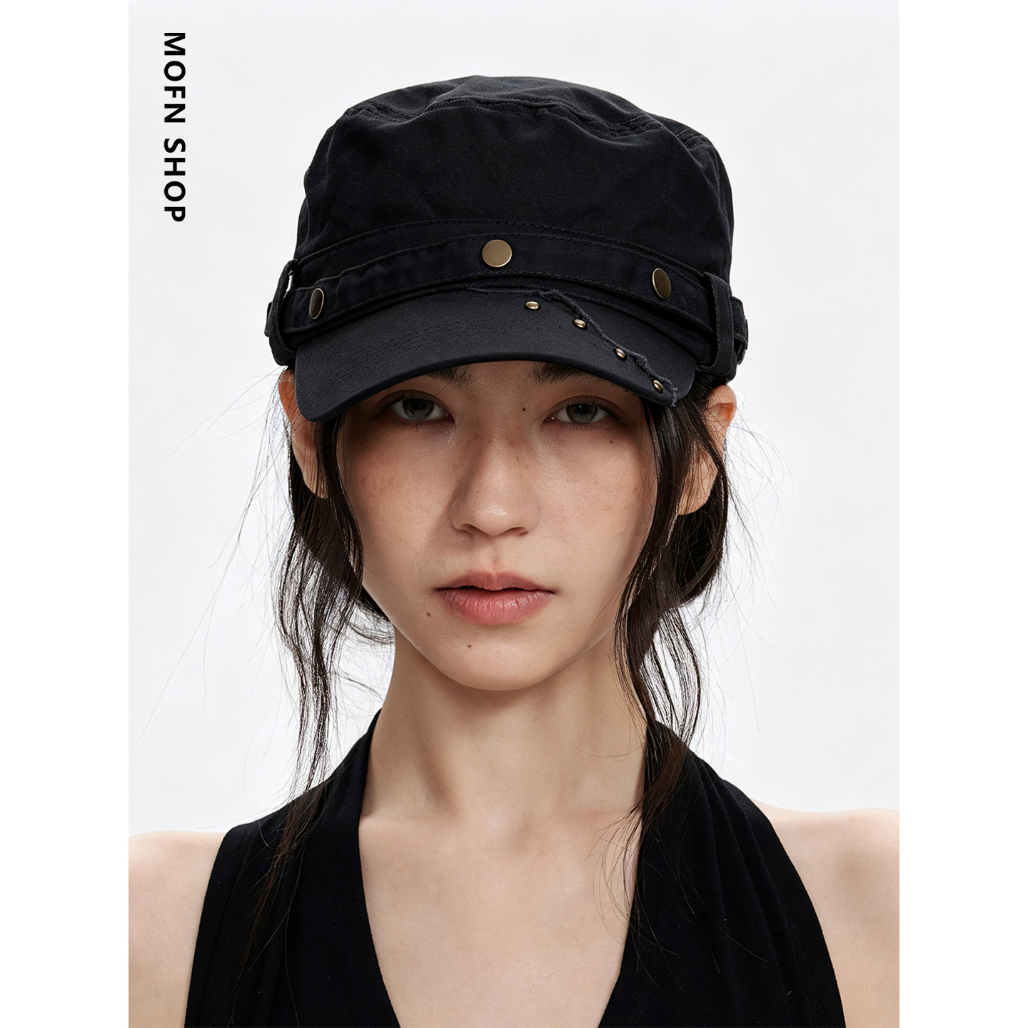 莫凡 时髦街头感黑色马术帽女日本做旧水洗棉铆钉平顶百搭鸭舌帽