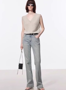 MC牛仔裤设计感侧缝前移微弹棉质浅蓝色中腰微喇拖地裤MBD2JENK01