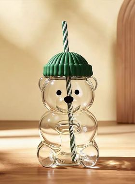 可爱卡通小熊造型透明杯子带盖吸管杯创意水杯冷饮圣诞节礼品