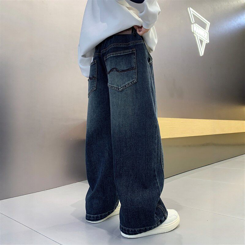 法国BADNUT男童裤子春秋2026新款儿童宽松松紧腰中大童牛仔直筒裤