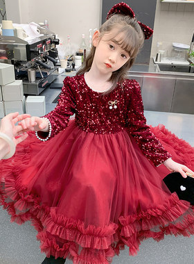 英国next ttat女童连衣裙秋冬洋气儿童红色礼服女孩丝绒公主裙子