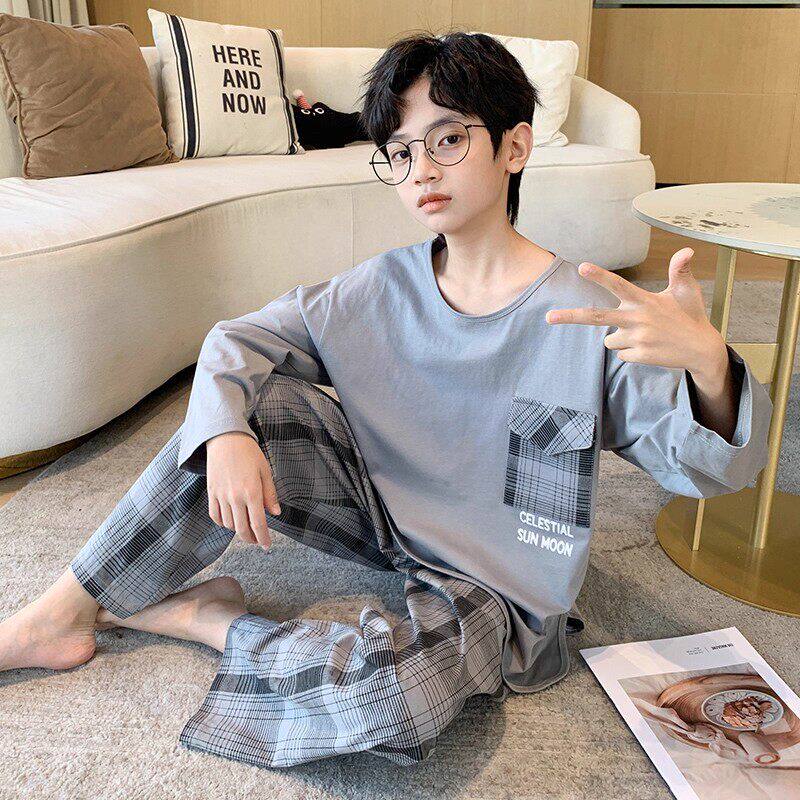 法国Uamtor男童睡衣春季纯棉2026新款中大童全棉格纹家居服两件套