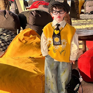 法国Uamtor男童春装套装2026新款儿童衬衫马甲美式复古泼墨牛仔裤