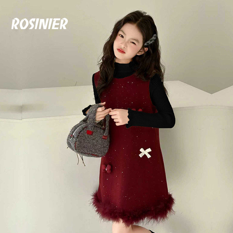 韩国ROSINIER女童连衣裙2025新款大童冬季毛呢裙儿童红色新年衣服,童装/婴儿装/亲子装,连衣裙,淘宝优惠券,粉丝福利购,淘宝优惠卷