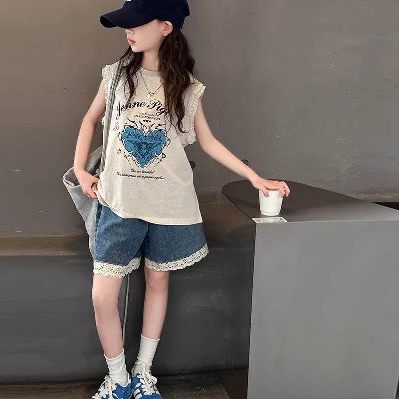 英国MDCW女童夏季套装2026新款儿童短袖T恤中大童牛仔短裤两件套