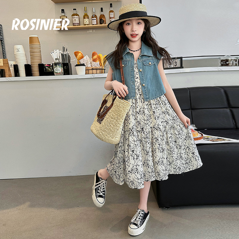 韩国ROSINIER女童夏季套装2025新款女孩碎花牛仔连衣裙儿童两件套