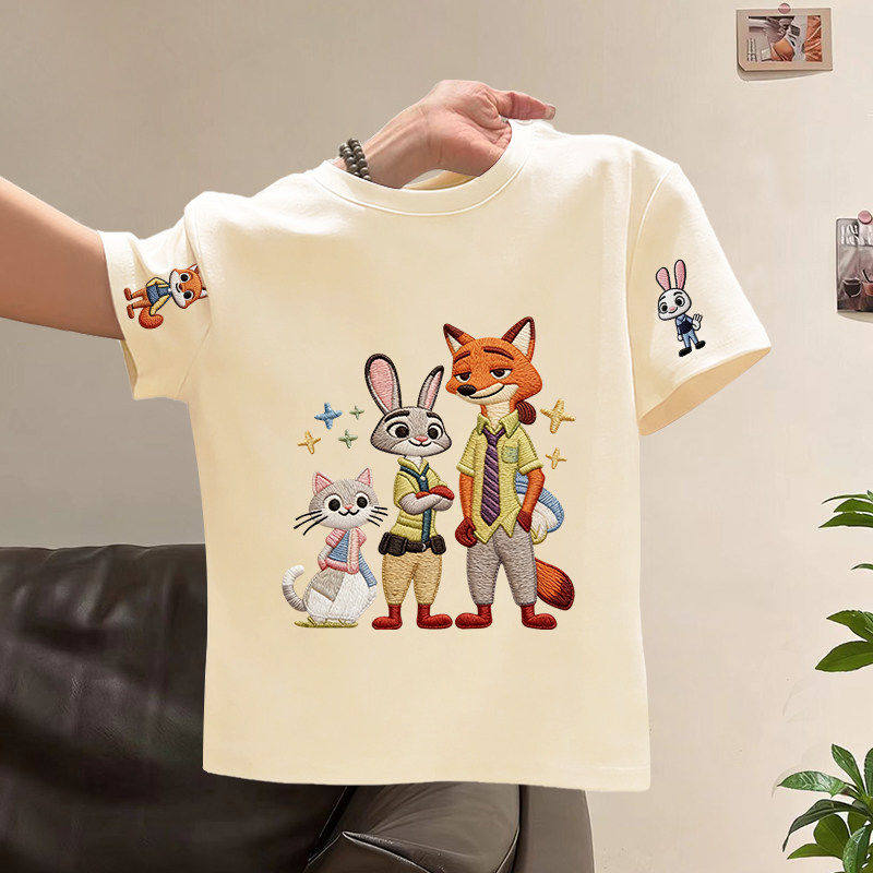 法国儿童刺绣印花短袖T恤卡通2026夏季新款男童女童圆领纯棉上衣