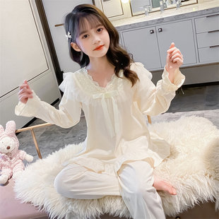 法国女童睡衣春秋款2025儿童小女孩长袖女大童网红纯棉家居服套装