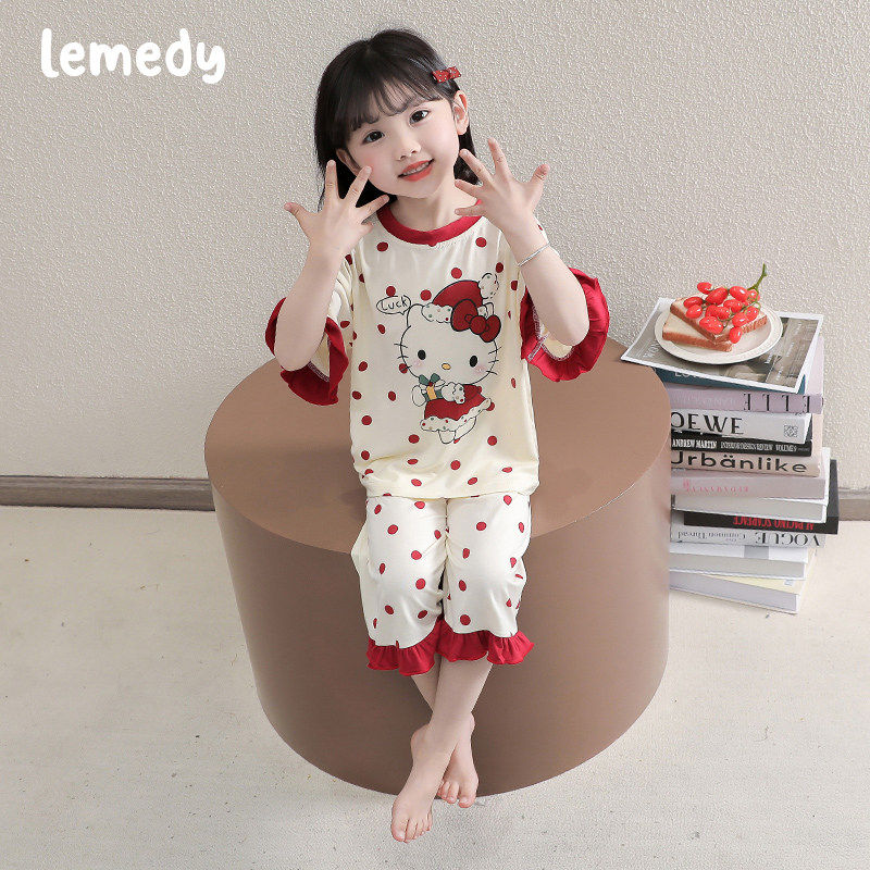韩国Lemedy女童睡衣夏季2026新款宝宝七分袖KT猫空调服儿童家居服