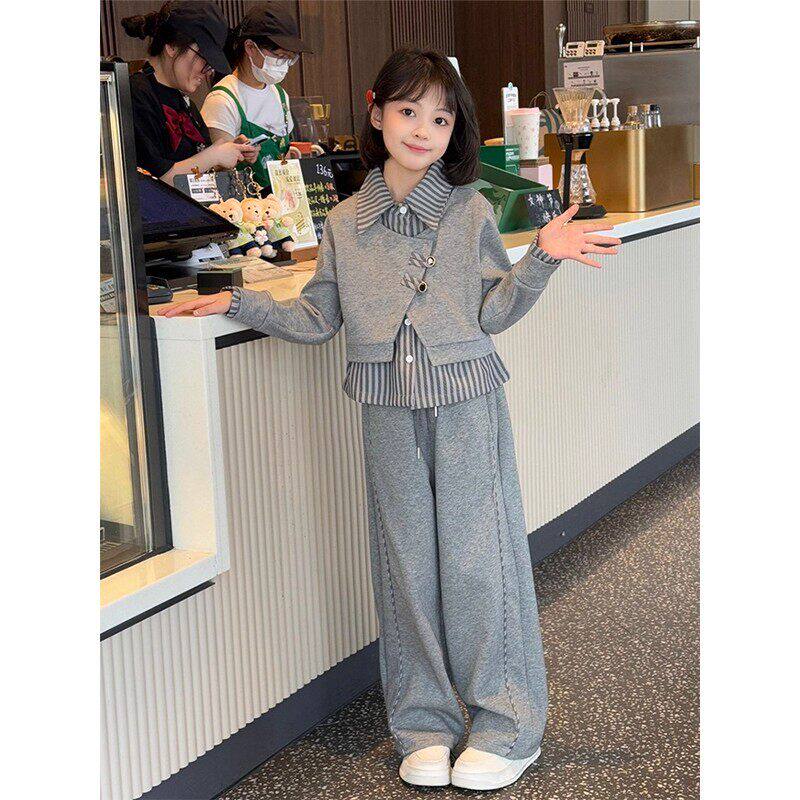 法国Uamtor女童套装春季2026新款女大童时髦超好看衬衫卫衣假两件