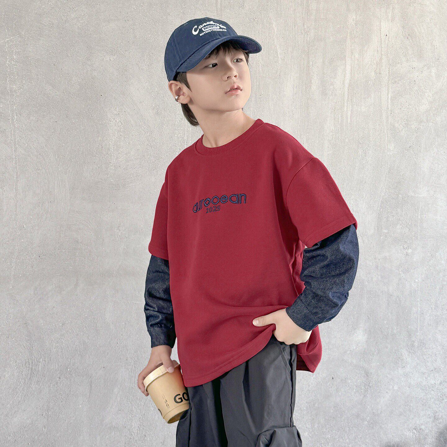 法国BADNUT男童长袖t恤春秋2026新款儿童红色假两件大童休闲上衣T