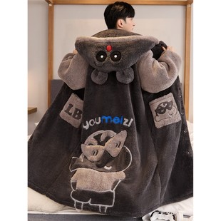 法国OIMG加绒加厚睡袍男珊瑚绒浴袍睡衣蜡笔小新加肥加大码家居服