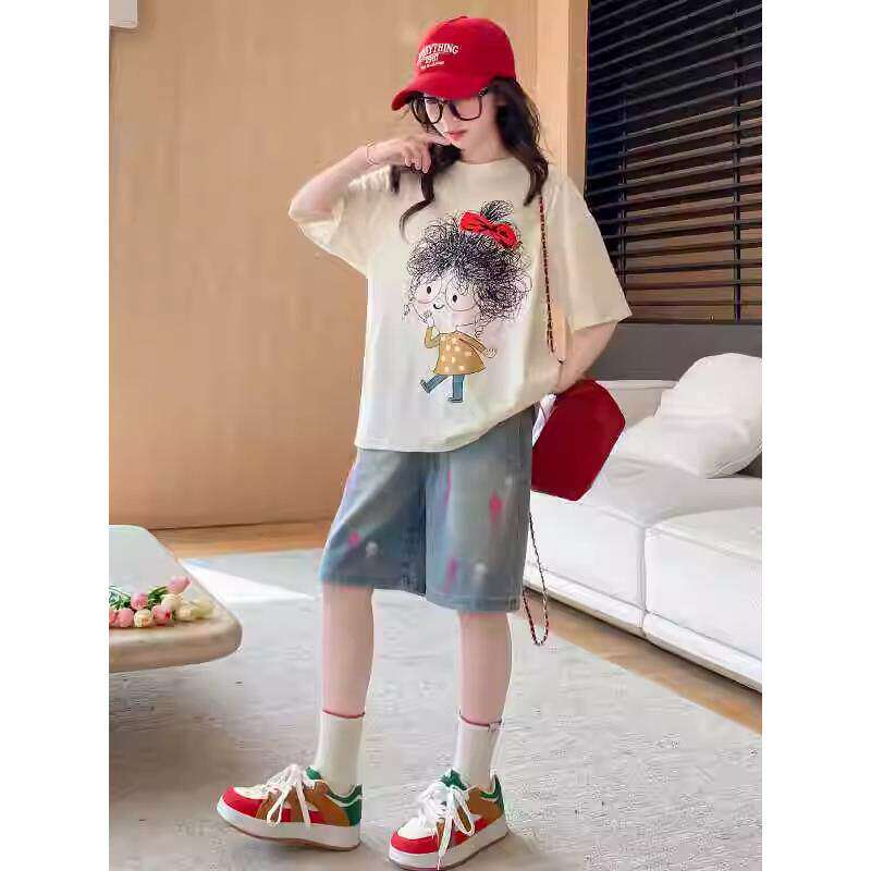 RoujeDsyle女童夏季牛仔短裤套装2026新款洋气女孩短袖t恤大童装