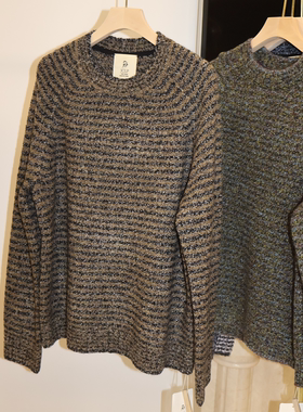 宽松均码山羊绒J家3针单边条纹显瘦圆领套头针织上衣16756