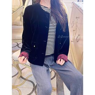 2024秋季新款洋气时髦真丝丝绒小众圆领金扣新中式国风外套240338