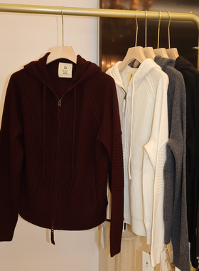 时髦百搭 7针柳条柔软J家羊绒拉链连帽针织开衫外套66661
