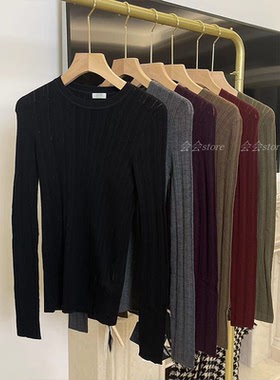 J家 24早秋新款18针挑吼柔美修身美丽奴羊毛针织打底上衣2823