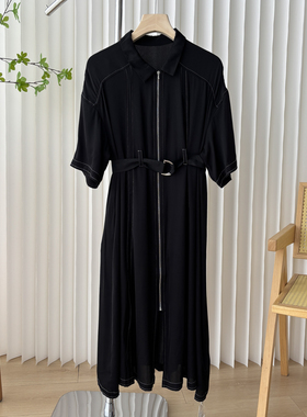 桑蚕丝 早秋新款气质拼接款小翻领拉链腰带口袋裙9C4/85222