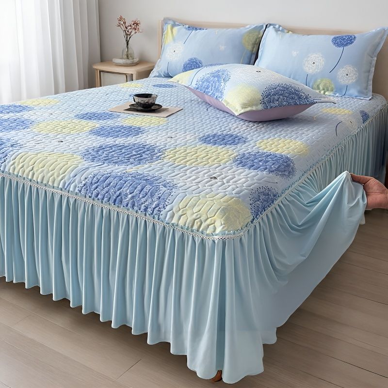 爆款夏季碳光冰豆豆凉席床裙式冰丝席三件套床罩款软席子空调席子