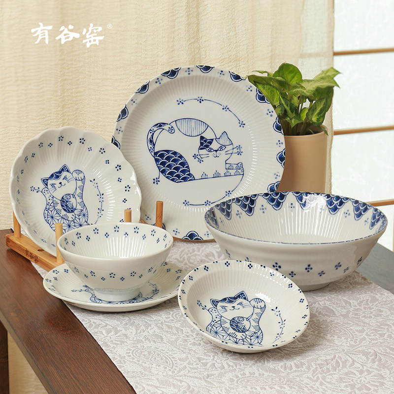 有谷窑原装进口福猫釉下彩陶瓷日式餐具套装卡通碗面碗猫咪盘家用