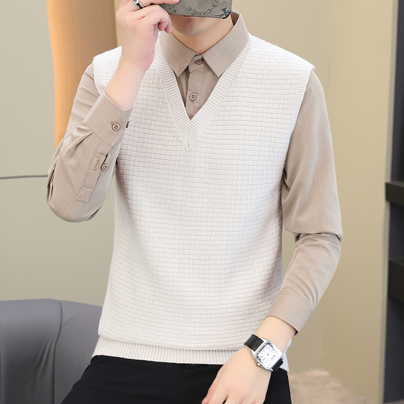秋冬新款假两件套毛衣男士衬衫拼接线衣马甲鸡心V领针织打底0921e